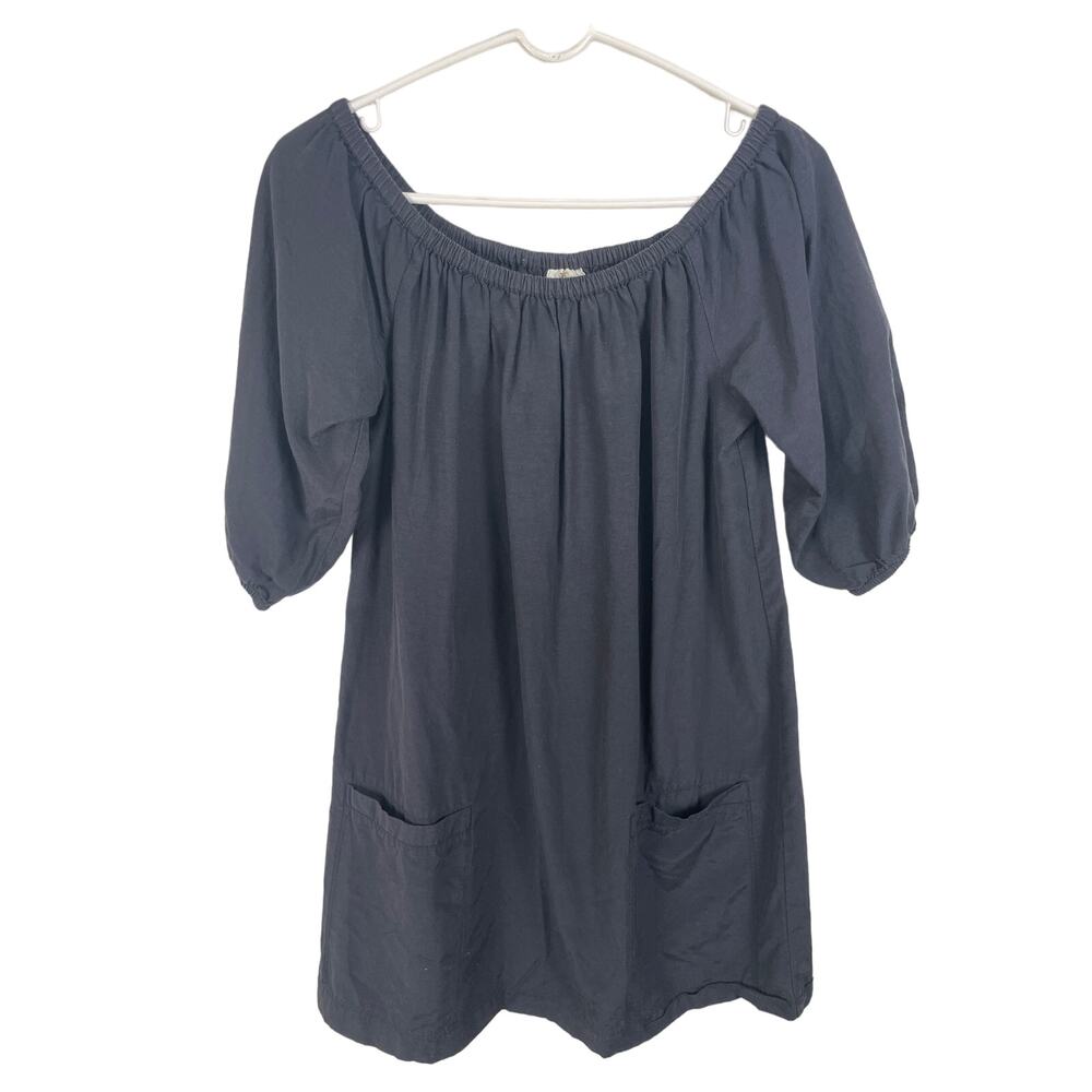 Anthropologie black off shoulder chore pocket dress Size Small Lagenlook Minimal